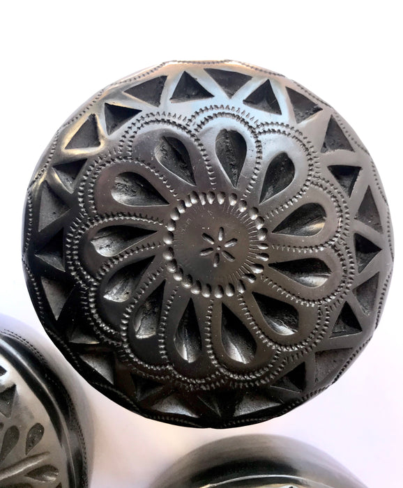 Mexico 1492 - round black clay sugar bowls with carved lids. Hand made and carved in Oaxaca. 