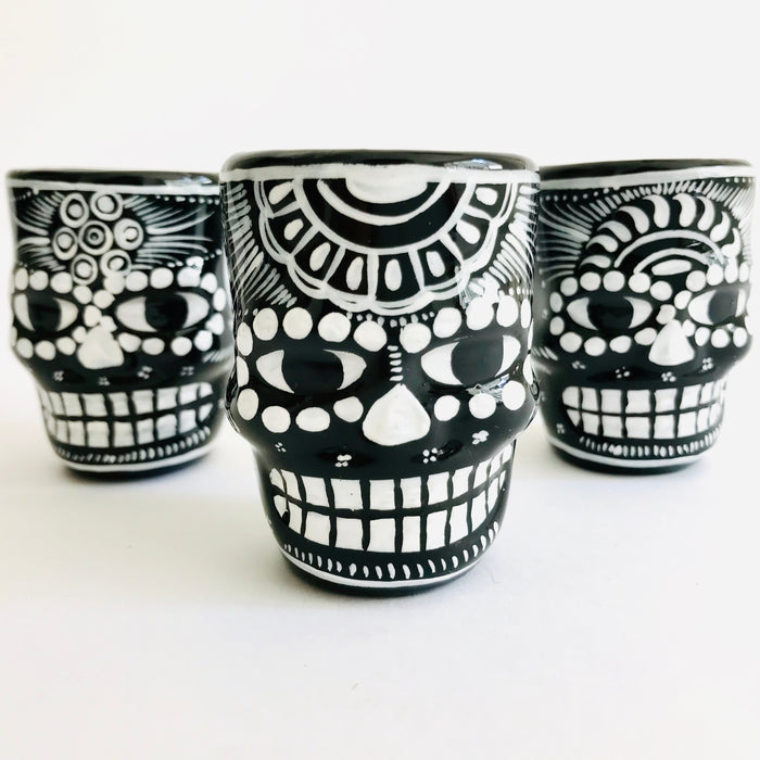 Black Hand-Painted and Glazed Calavera Tequila/Mezcal Shot Glass