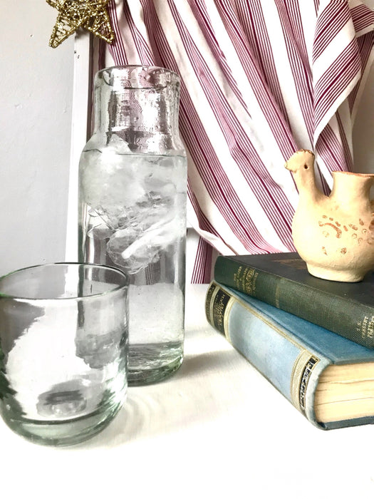 Blown Glass Water Carafe & Glass - Large - Cylindrical - Clear
